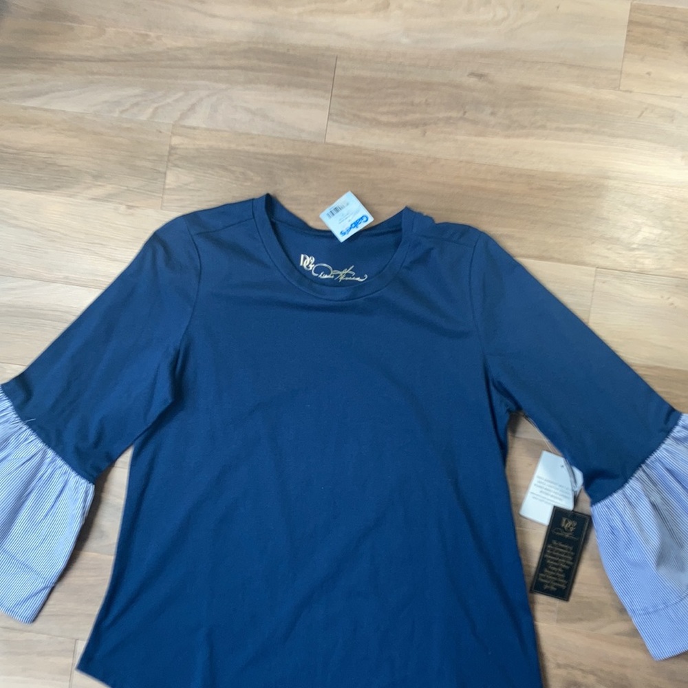 DG2 navy blue top w striped ruffle bell sleeve detail boho XS - Picture 7 of 17